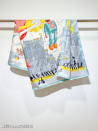 HM 26s Horse Scarf 90 Blue Beige Colorful Cashmere Silk 139215