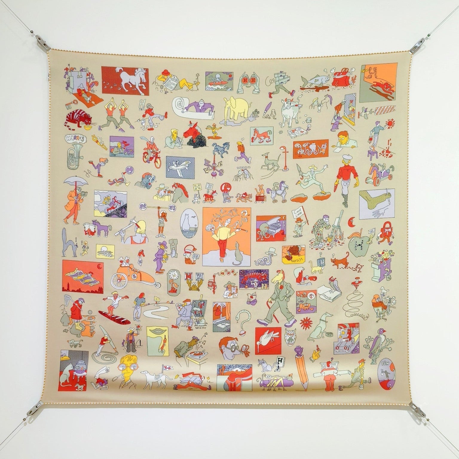 HM 26s Horse Scarf 90 Beige Colorful Cashmere Silk 139213