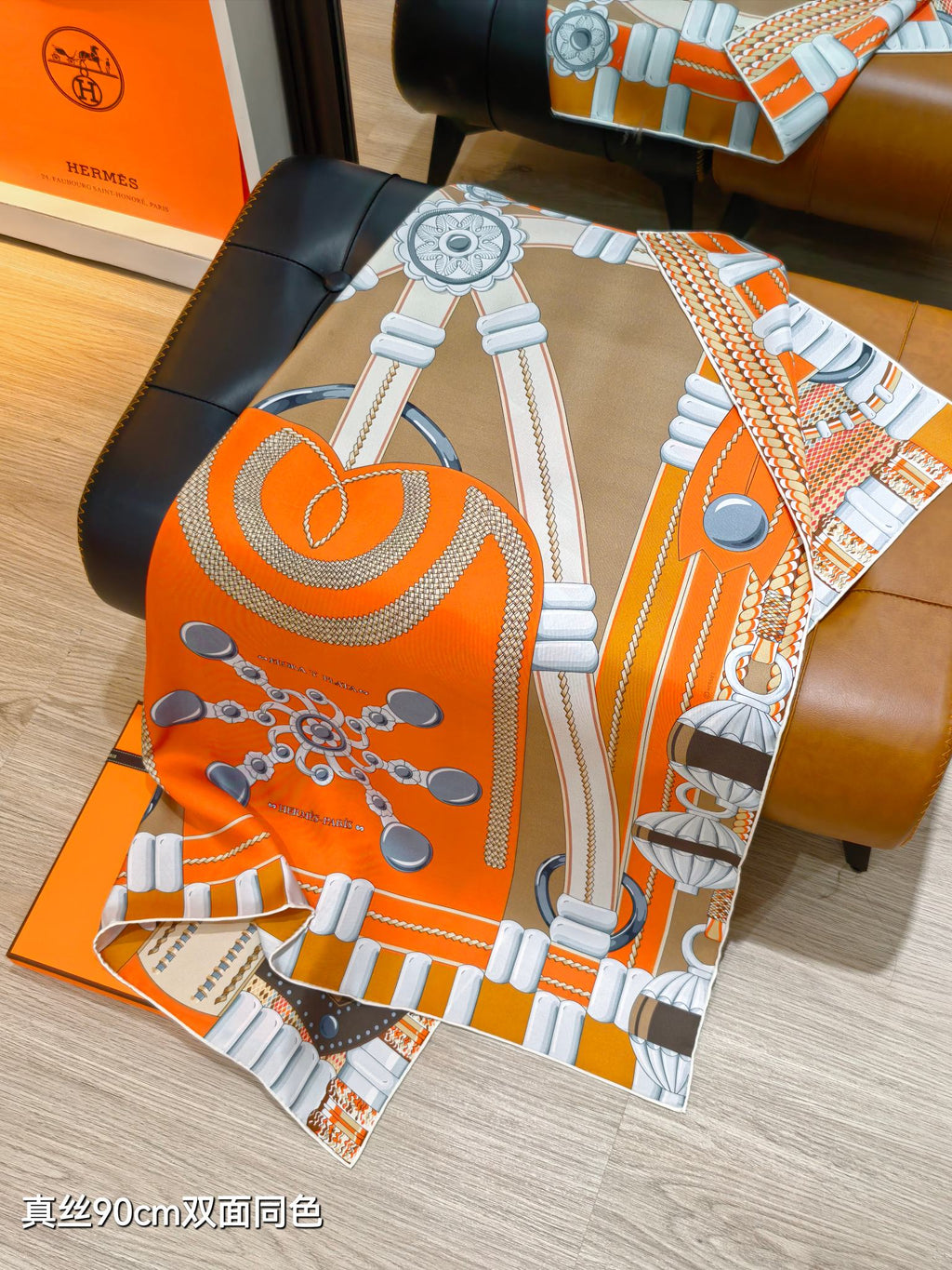 HM 26ss Amazon  Scarf 90 Brown Orange Colorful Twill Silk 130284
