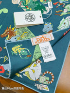 HM 26s Horse Scarf 90 Teal Blue Colorful Cashmere Silk 139216