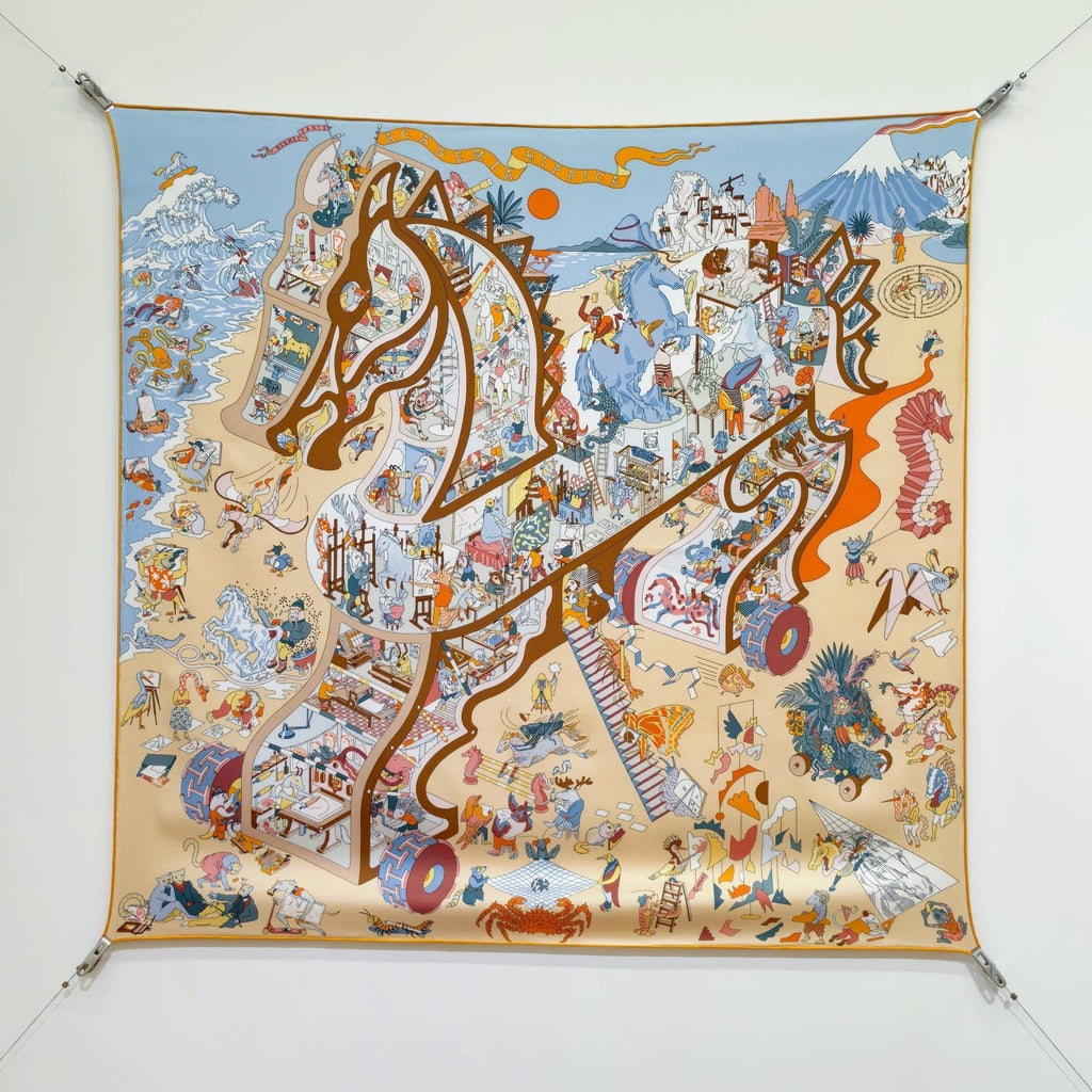 HM 26s Horse Scarf 90 Beige Blue Colorful Cashmere Silk 139218