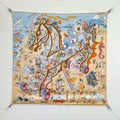 HM 26s Horse Scarf 90 Beige Blue Colorful Cashmere Silk 139218