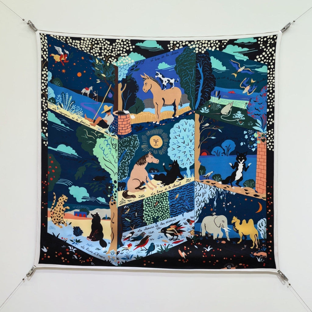 HM 26ss Amazon  Scarf 90 Black Blue Colorful Twill Silk 130286