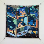HM 26ss Amazon  Scarf 90 Black Blue Colorful Twill Silk 130286