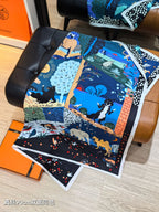 HM 26ss Amazon  Scarf 90 Black Blue Colorful Twill Silk 130286