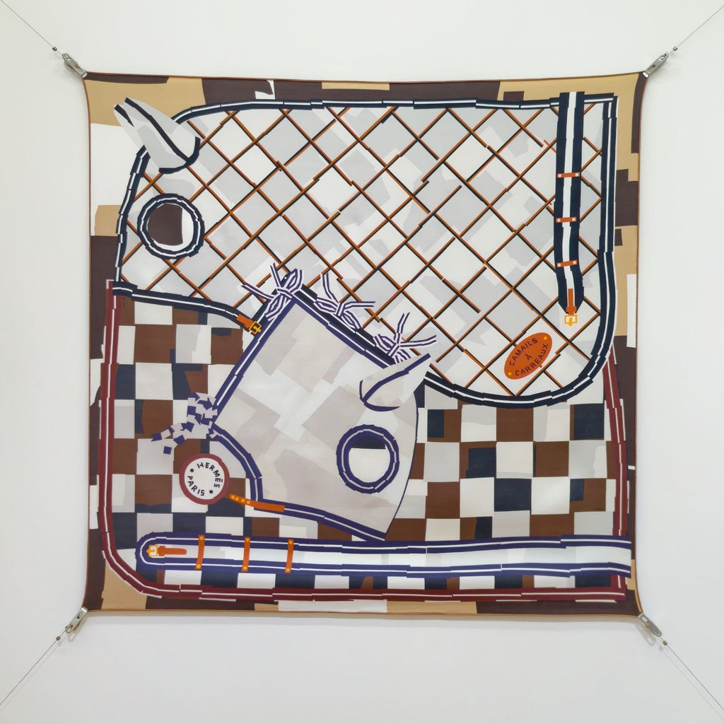 HM 26s Horse Scarf 90 Navy Blue White Brown Cashmere Silk 134438