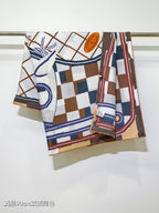 HM 26s Horse Scarf 90 Navy Blue White Brown Cashmere Silk 134438