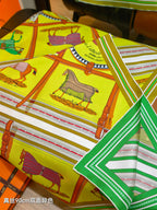 HM 26s Horse Scarf 140 Yellow Green Cashmere Silk 139222