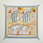 HM 26ss Sweet Saddle Scarf 90 Blue Beige Colorful Twill Silk 132425