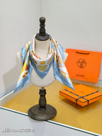 HM 26ss Sweet Saddle Scarf 90 Blue Beige Colorful Twill Silk 132425