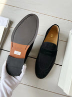 brunello woven black suede penny loafer