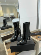 HIGH HEEL POINTED-TOE ANKLE BOOTS IN BLACK SHINY CALFSKIN