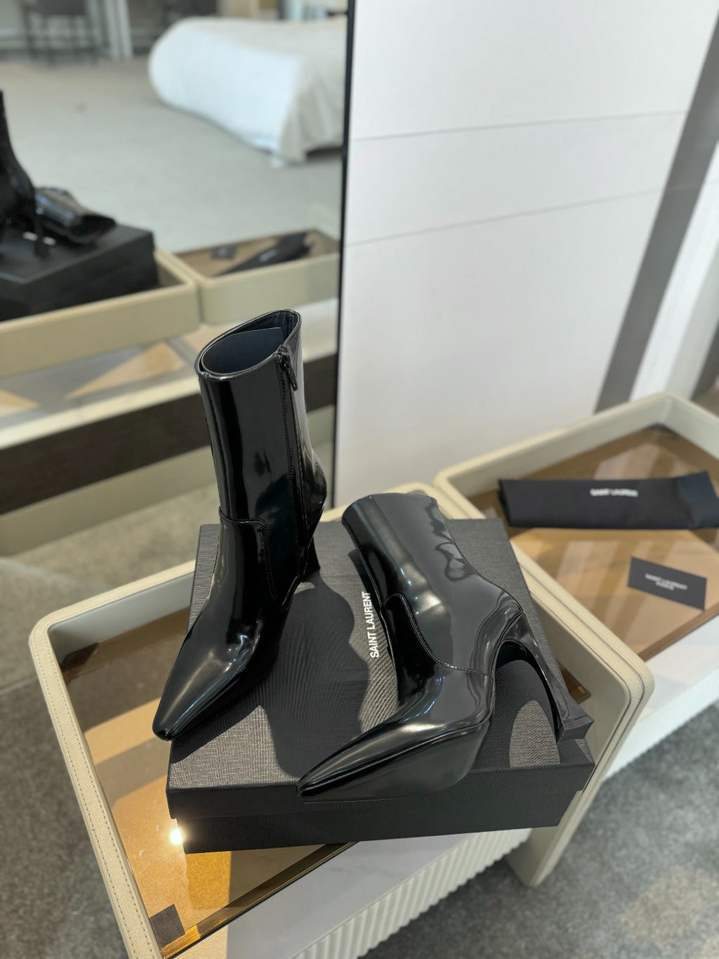 HIGH HEEL POINTED-TOE ANKLE BOOTS IN BLACK SHINY CALFSKIN