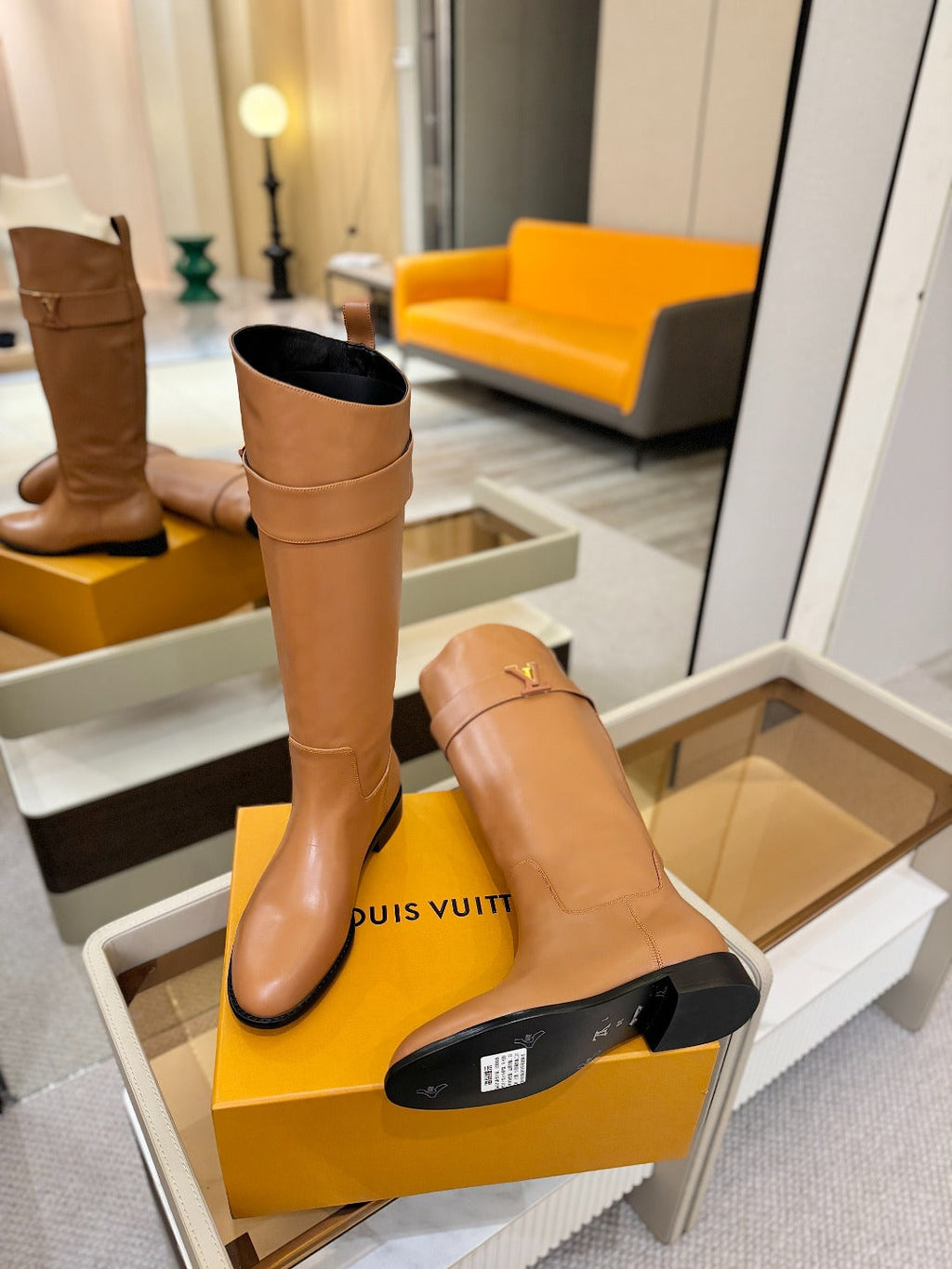 LV 25 Metal Buckle Riding Boots Tan Sheepskin  573887