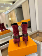 LV 25 Runway Ankle Boots 90 Wine Red Suede 573867