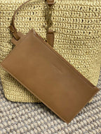 le 37 woven raffia 20cm brown calfskin