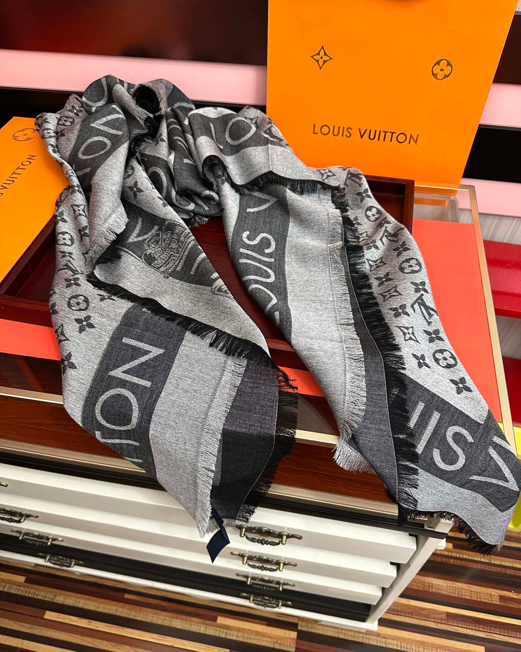 LV  Long Scarf 140cm Black Gray Cashmere 967310