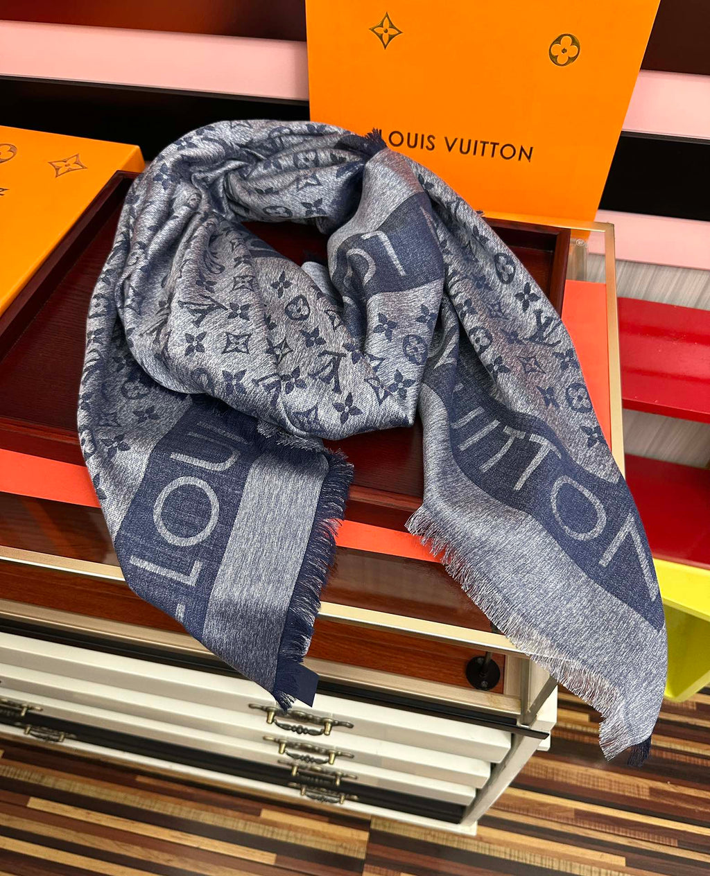 LV  Long Scarf 140cm Navy Blue Cashmere 967311