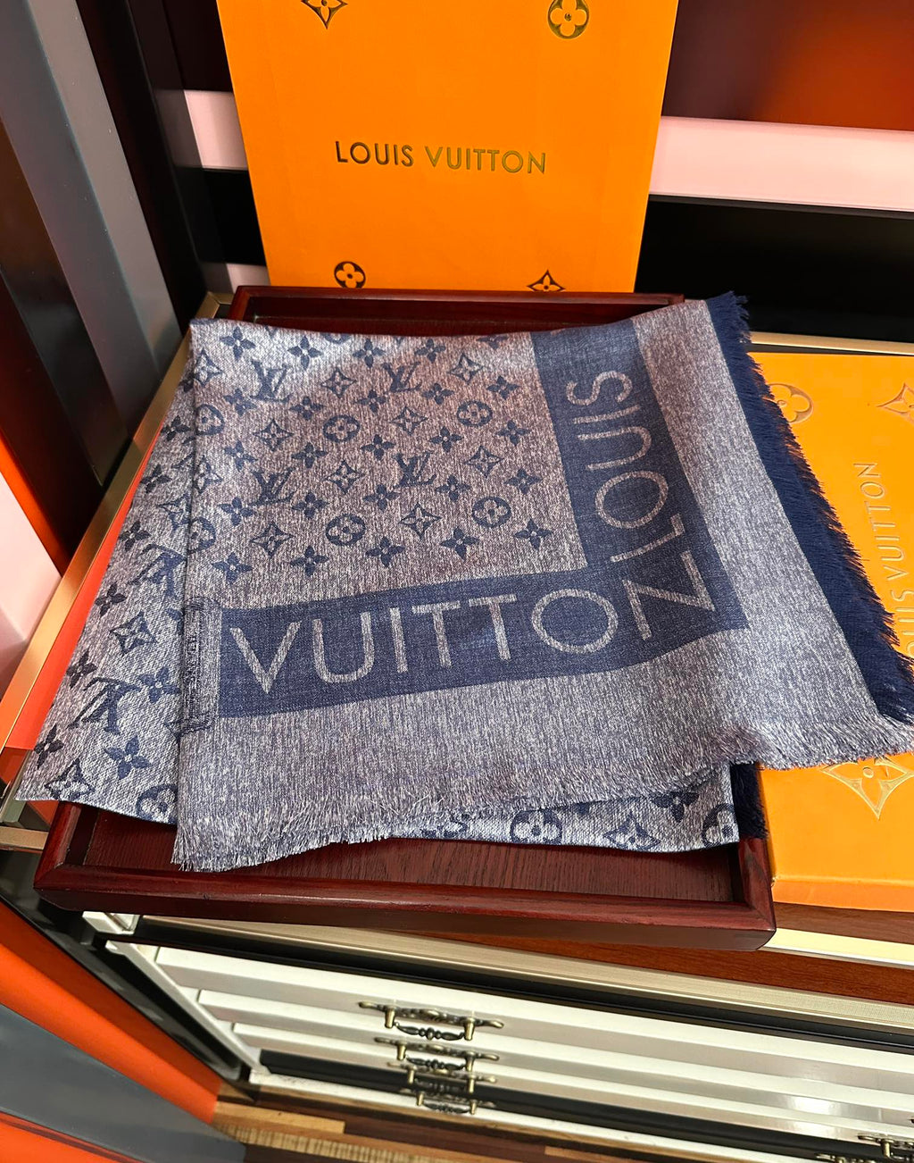 LV  Long Scarf 140cm Navy Blue Cashmere 967311