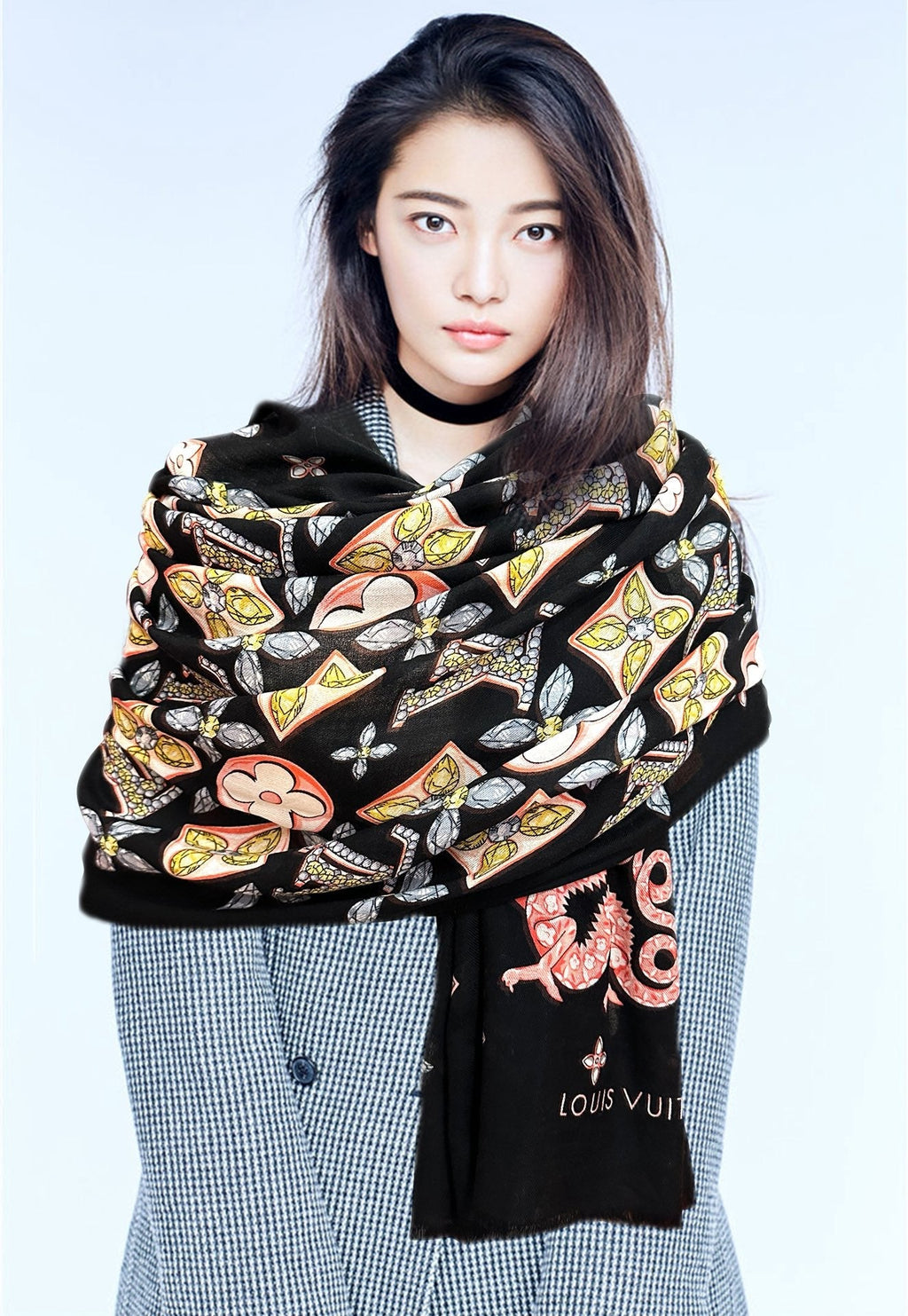 LV  Long Scarf 200cm Black Pink Yellow Cashmere 967316