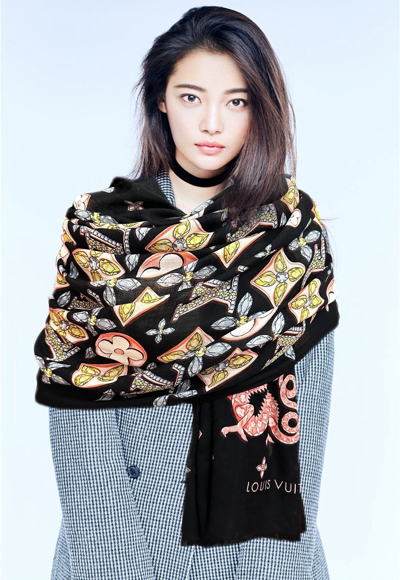 LV  Long Scarf 200cm Black Pink Yellow Cashmere 967316