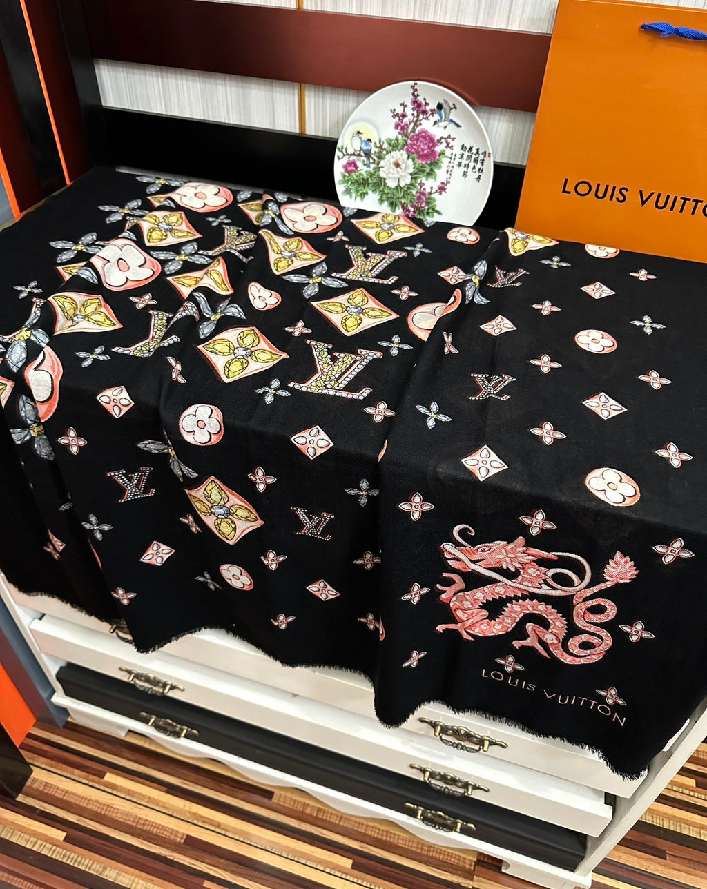 LV  Long Scarf 200cm Black Pink Yellow Cashmere 967316