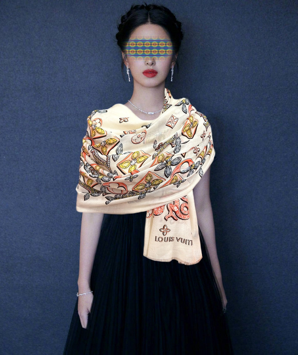 LV  Long Scarf 200cm White Pink Yellow Cashmere 967317