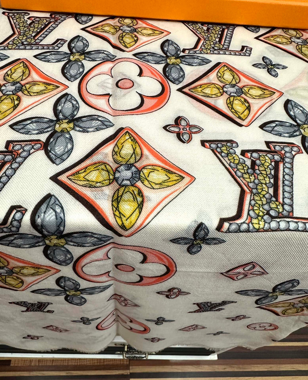 LV  Long Scarf 200cm White Pink Yellow Cashmere 967317