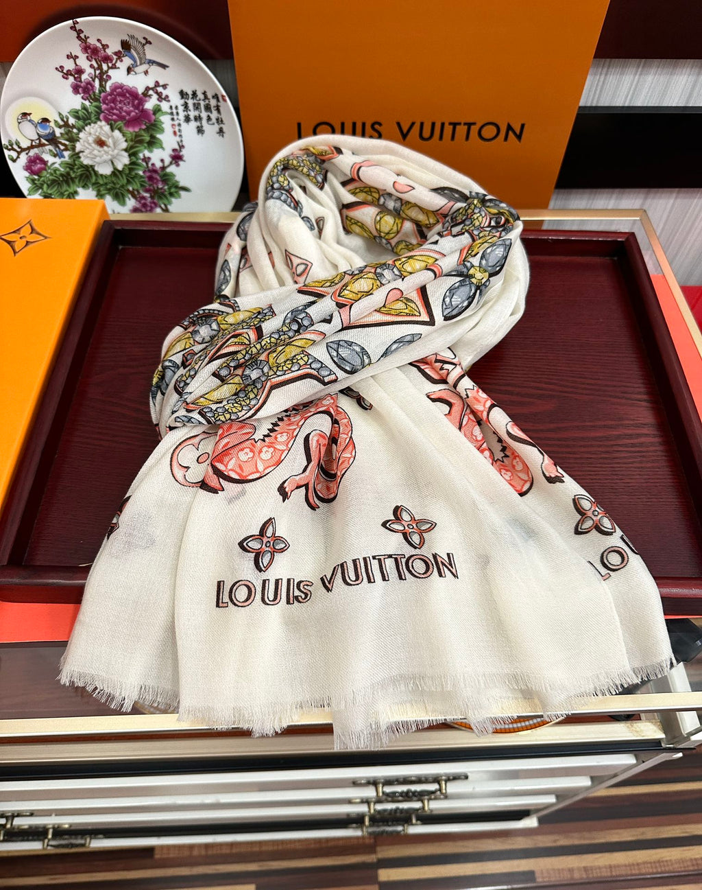 LV  Long Scarf 200cm White Pink Yellow Cashmere 967317