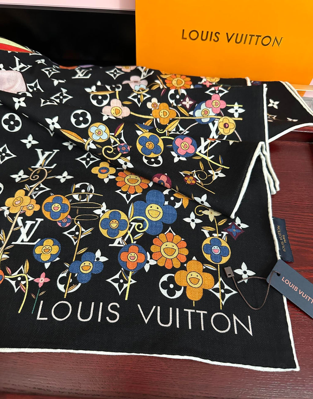 LV Double-Sided 140cm Black Colorful Silk Cashmere 967343