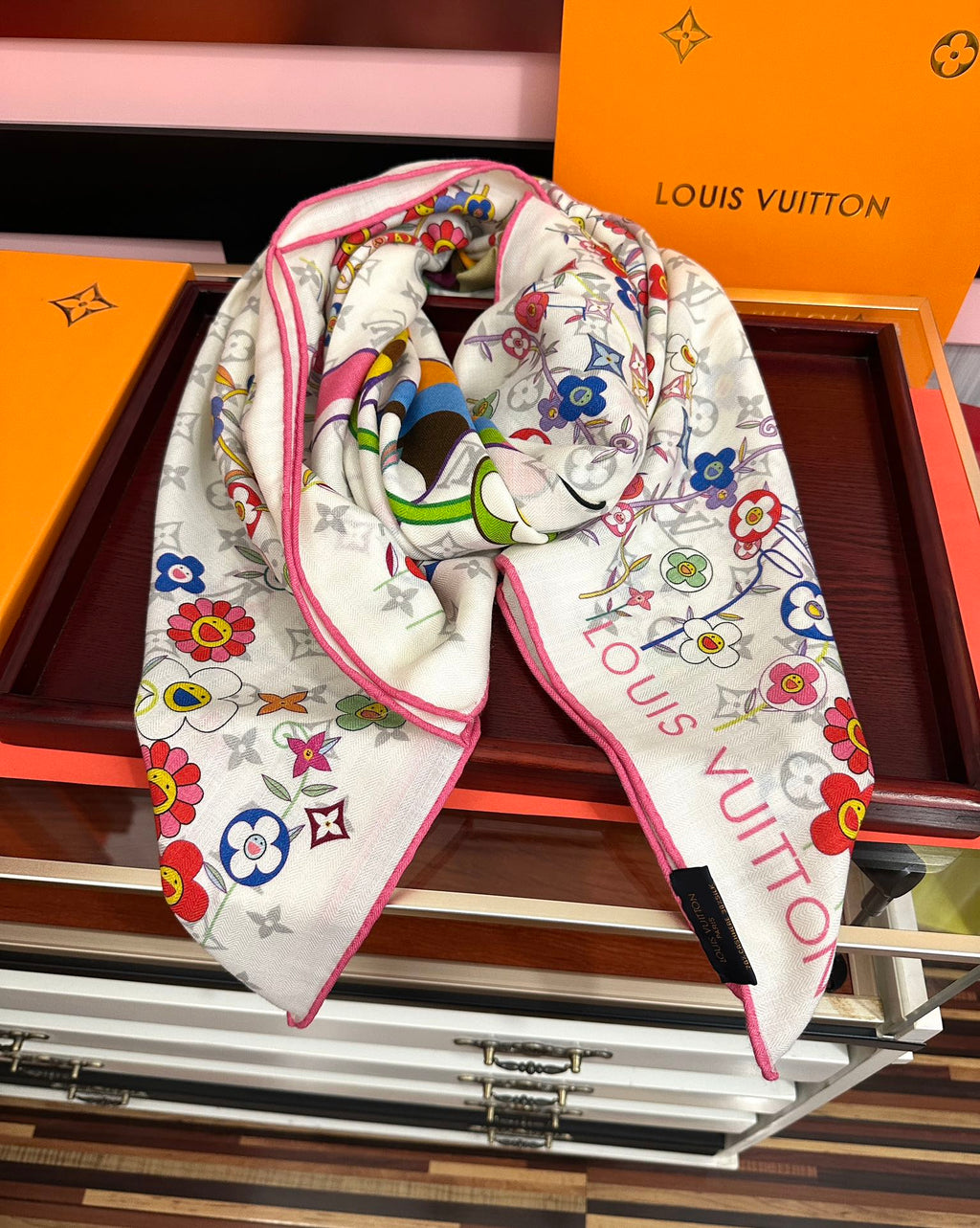 LV Double-Sided 140cm White Colorful Silk Cashmere 967344