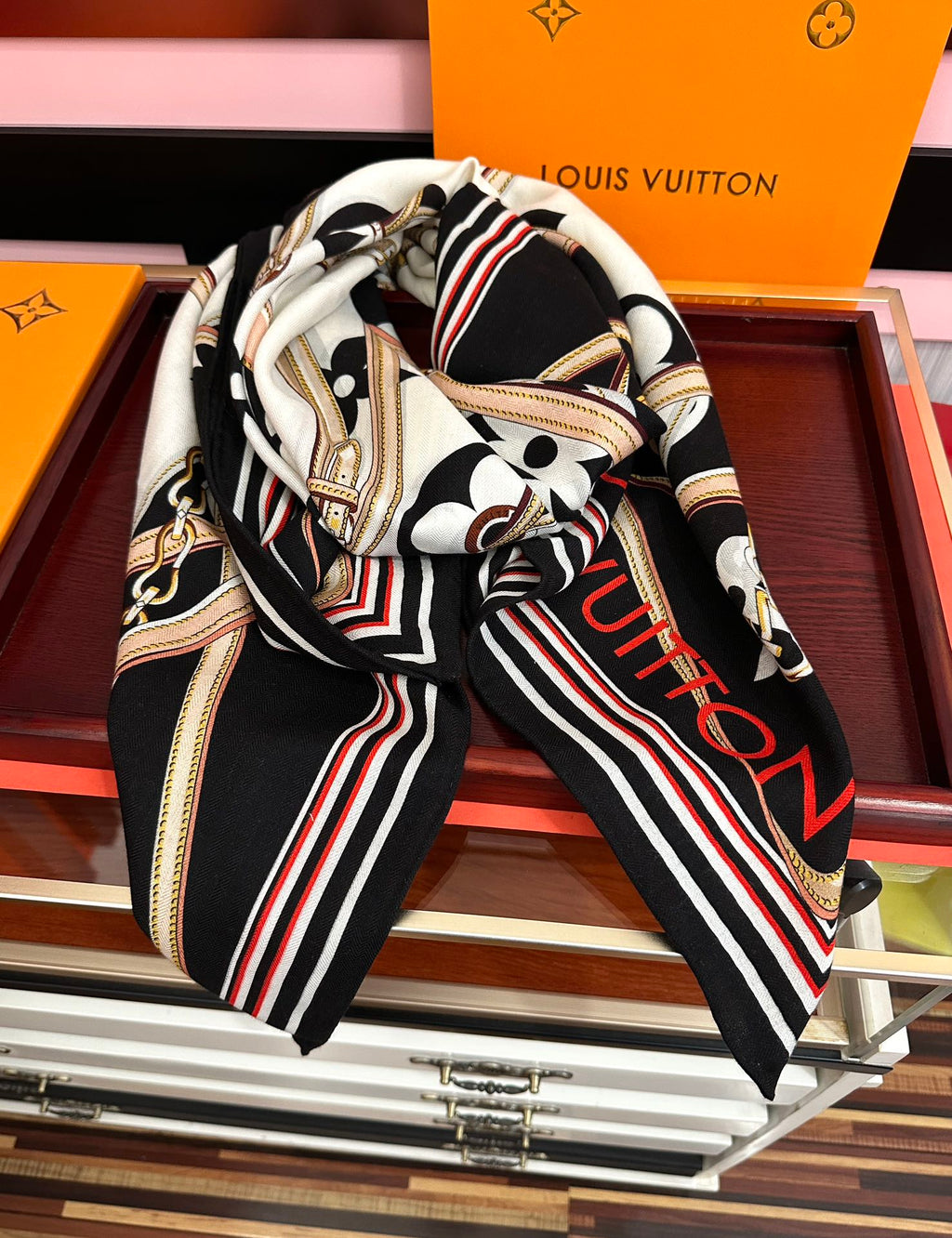 LV Scarf 140cm Black Beige White Silk Cashmere 968683