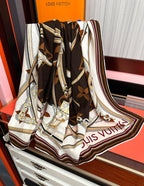 LV Scarf 140cm White Brown Beige Silk Cashmere 968684