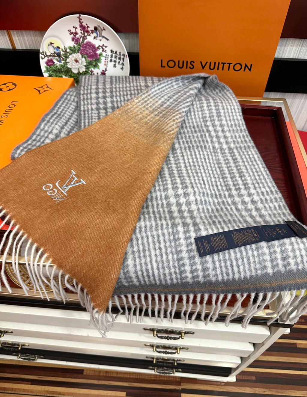 LV Double-Sided Shawl Scarf 200cm Black Brown Cashmere 968695