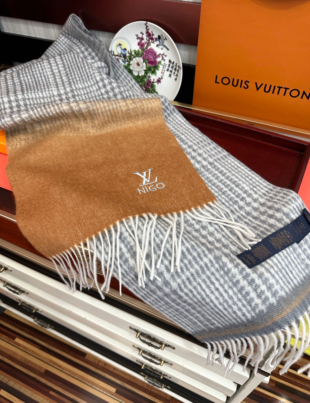 LV Double-Sided Shawl Scarf 200cm Black Brown Cashmere 968695