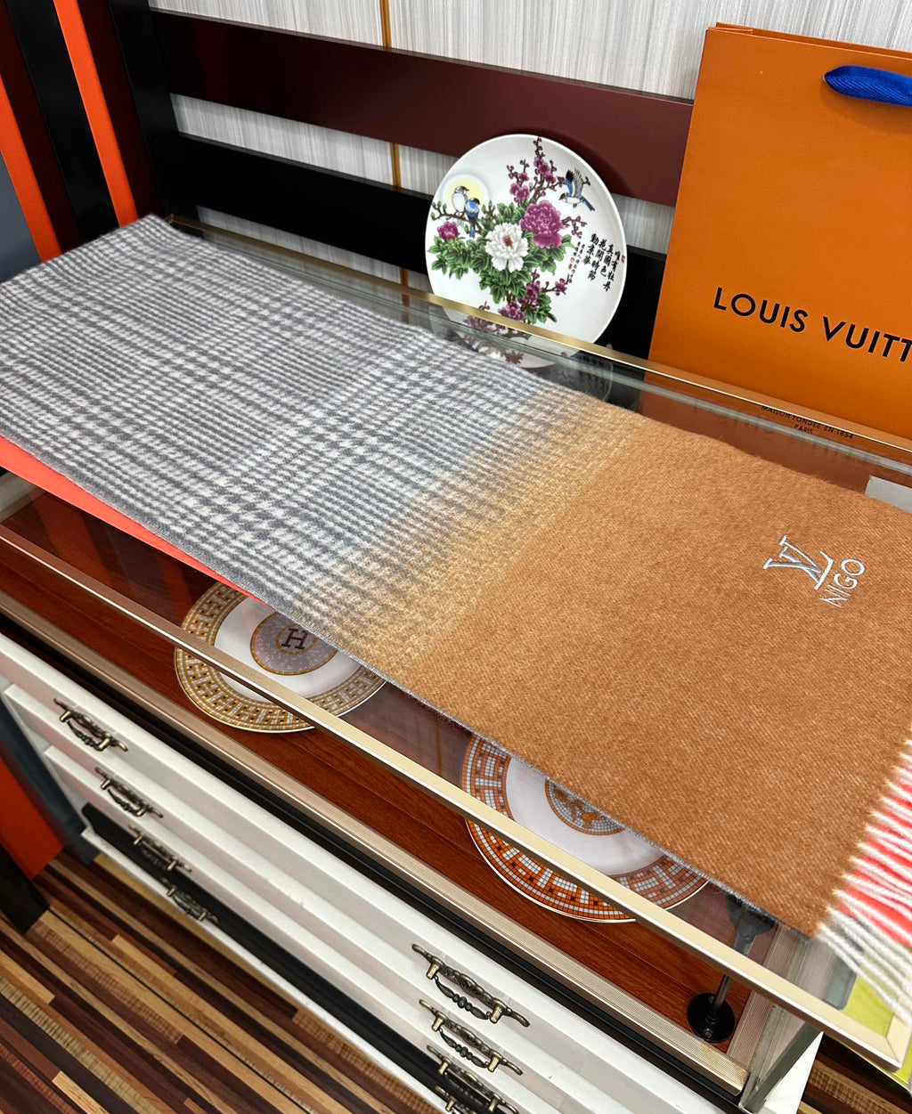LV Double-Sided Shawl Scarf 200cm Black Brown Cashmere 968695
