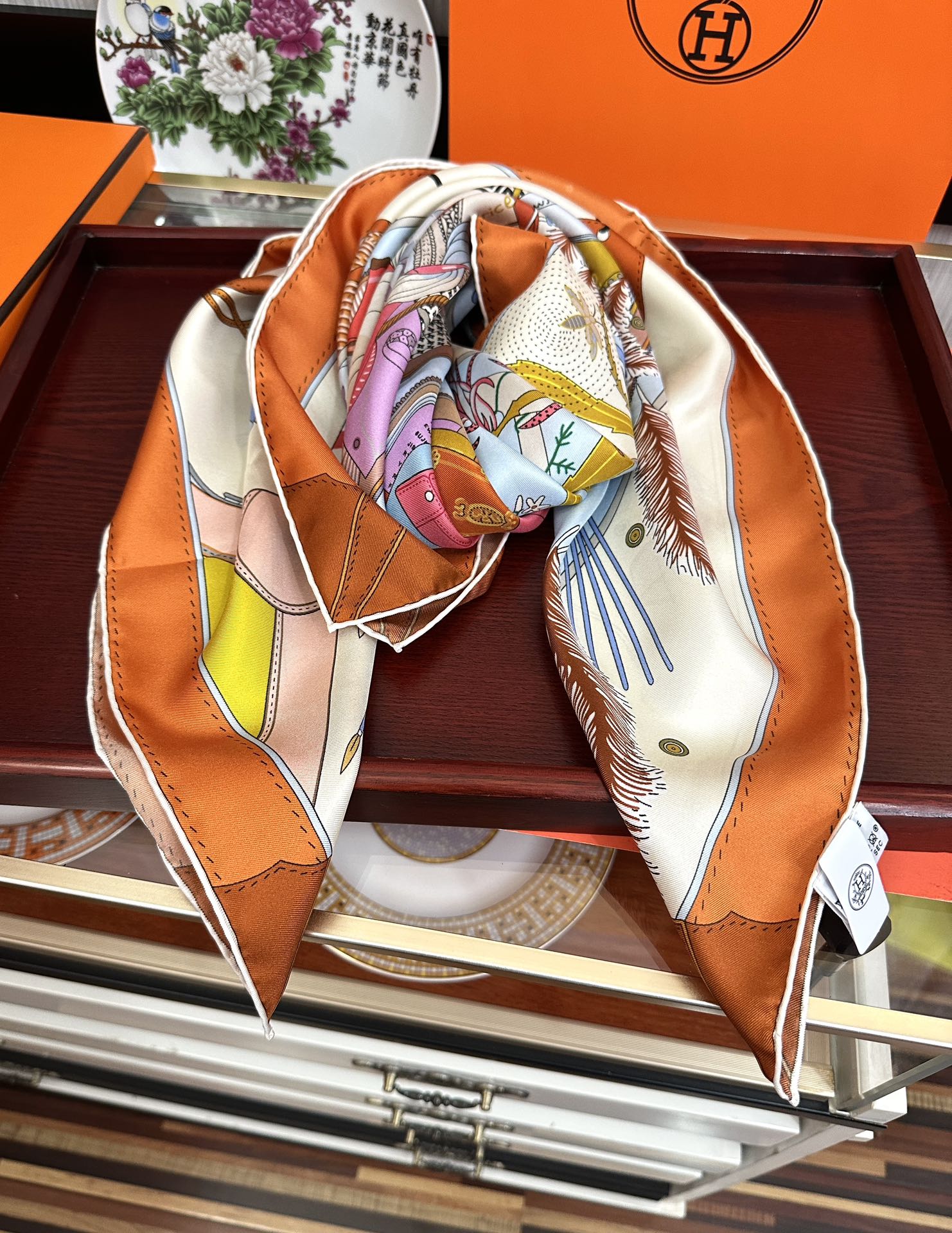 HM 25s Major Scarf 90cm Orange Colorful Cashmere 972934