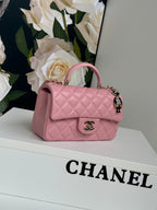 24c mini flap bag 20cm with top handle pink calfskin silver hardware