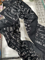 CC Square Scarf 110 CM In Black With White Text Cashmere Silk 320584