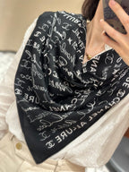 CC Square Scarf 110 CM In Black With White Text Cashmere Silk 320584
