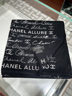 CC Square Scarf 110 CM In Black With White Text Cashmere Silk 320584