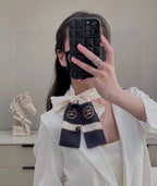 CC  Twilly Mini Scarf 120cm White Navy Blue Mulberry Silk 802158
