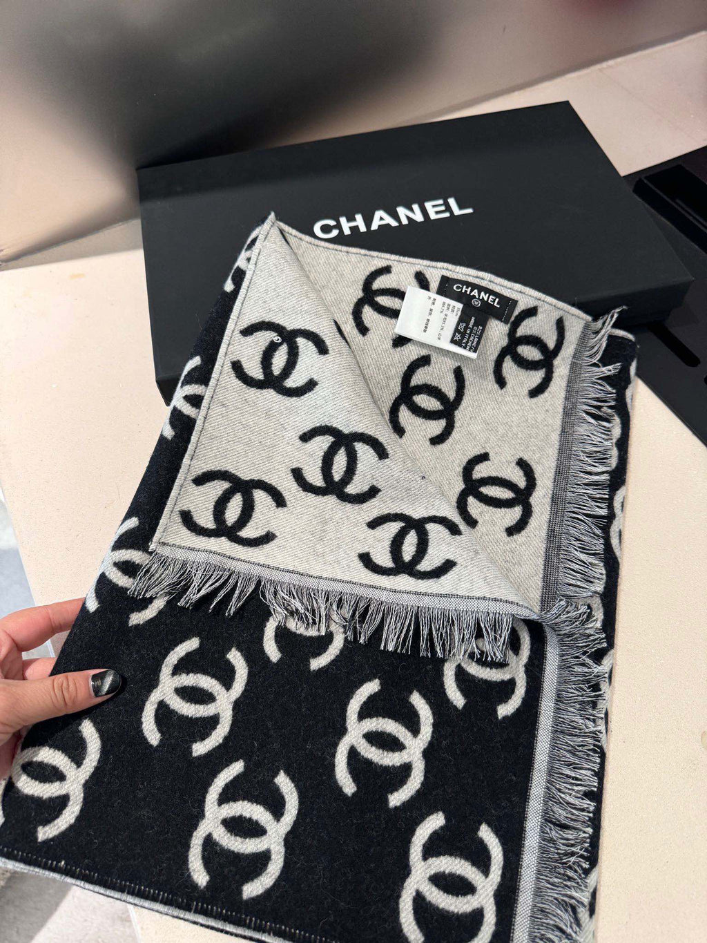 CC Scarf 180 CM In Black Mix Light Grey Print Logo Wool And Cashmere 359270