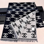 CC Scarf 180 CM In Black Mix Light Grey Print Logo Wool And Cashmere 359270