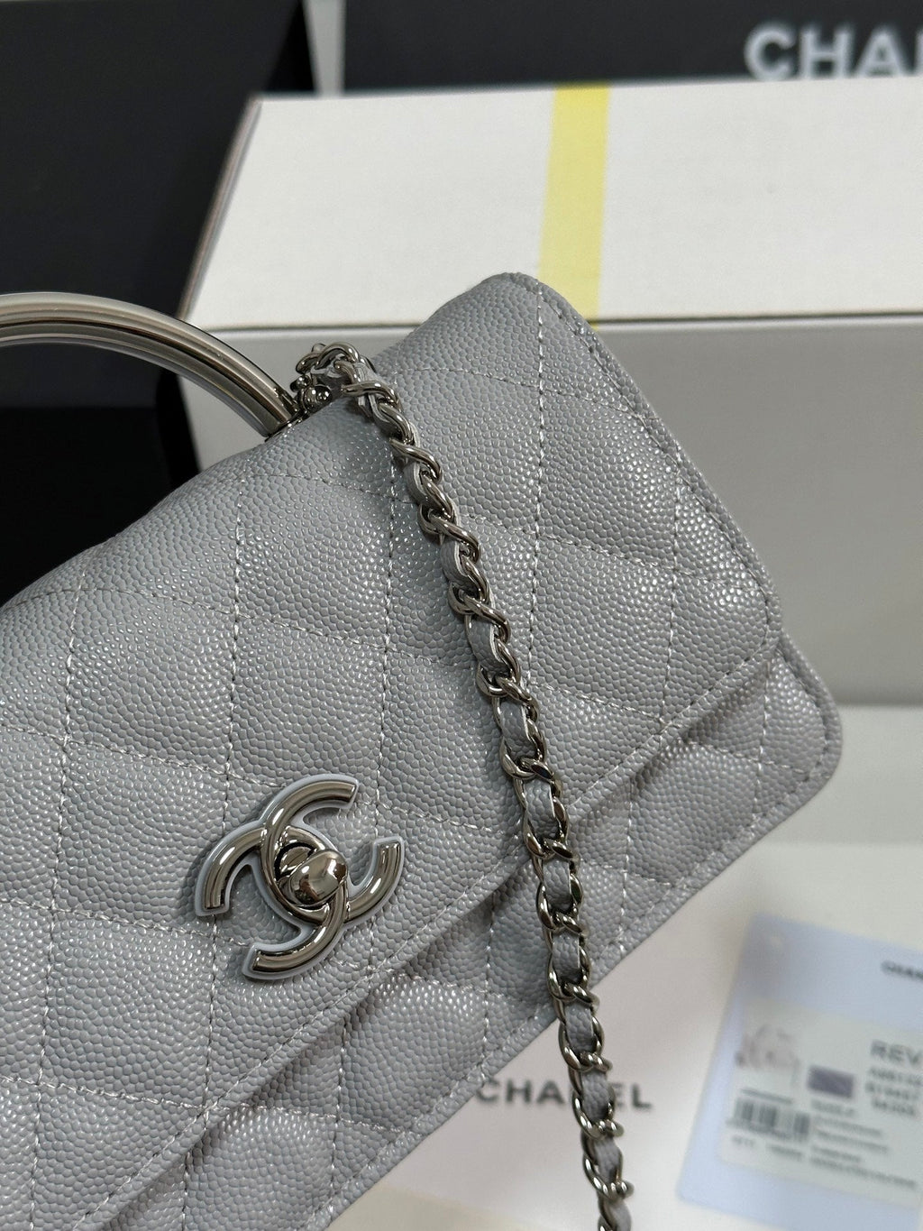 CC 25P Wallet Woc Handle 17cm Light Gray Leather Silver Hardware 243436