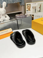 lv bliss cross sandal mule black textile calfskin