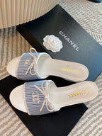 mule sandal white blue embroidered fabric calfskin