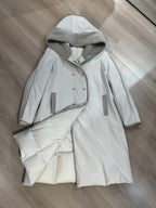 LP 25 Hooded Long Goose Down Light Gray Jacket with Fur Trim 124985