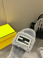 FENDI BAGUETTE SLIDE SLIPPERS IN GREY WOOL