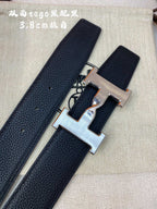 HM H BELT BUCKLE & REVERSIBLE BLACK LEATHER STRAP 38MM SILVER HARDWARE